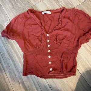 Anthropologie Paper Crane Women’s Xs Crop Boho Peasant Top Orange Red V Button